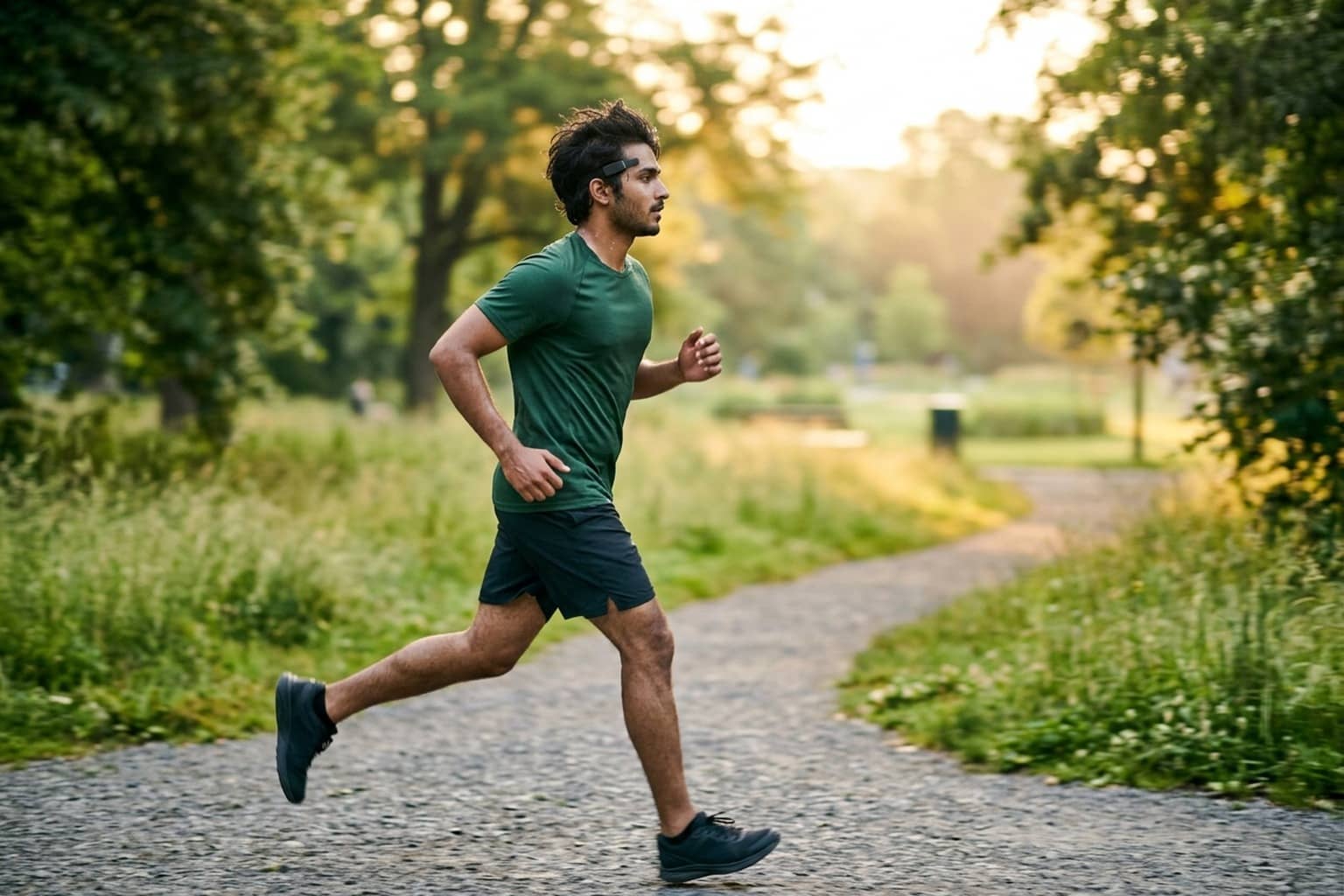 A young bearded man running along a gravel path in a sunlit park, wearing a green t-shirt and a slim black band across his forehead