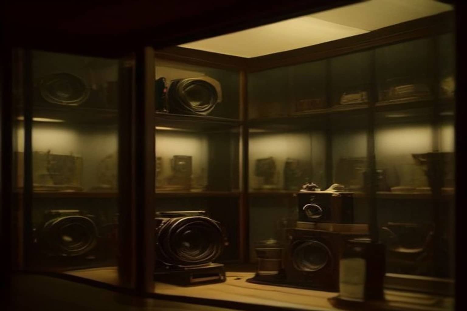Antique box and folding cameras with large lenses on shelves inside a wooden-framed glass display case under warm light.