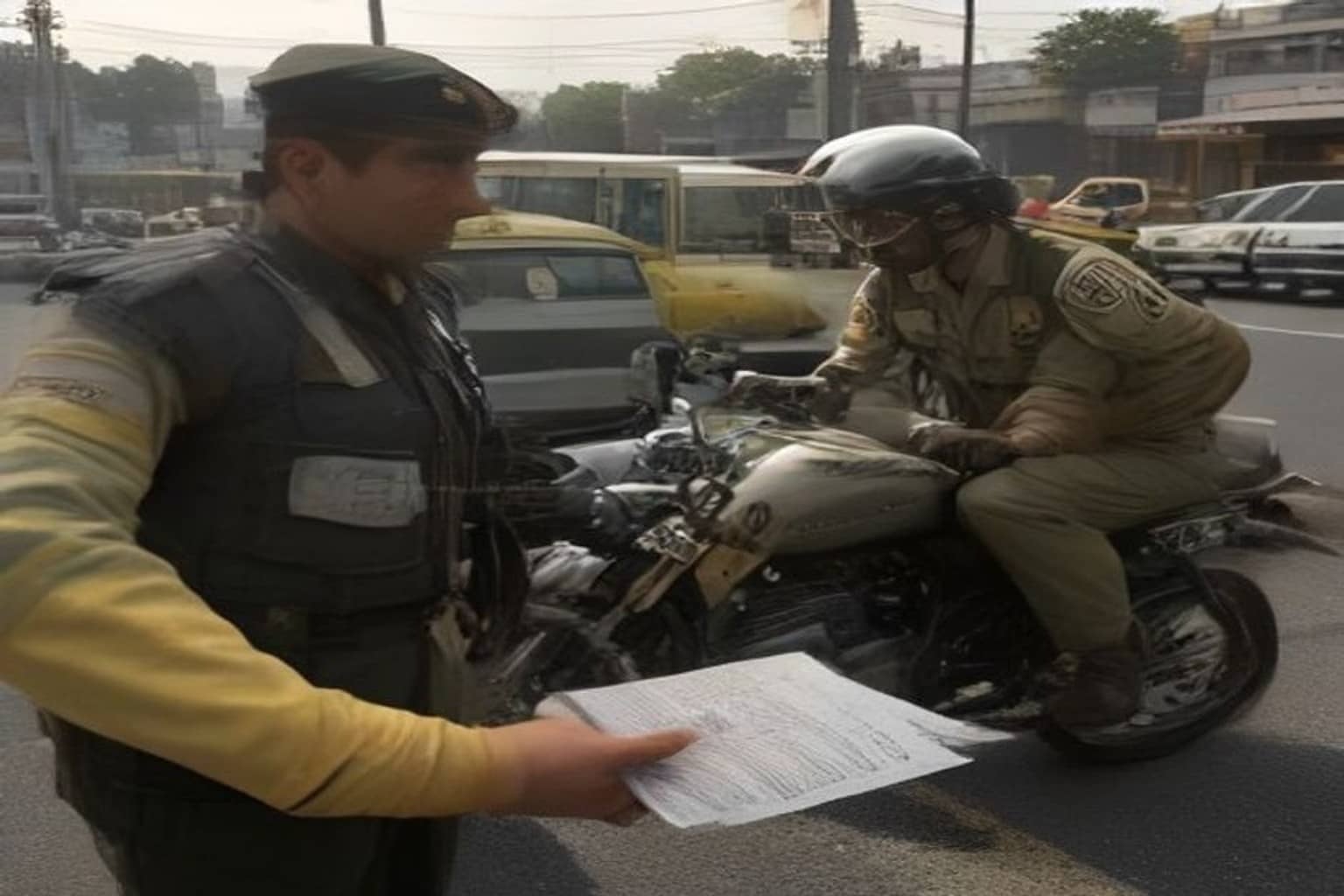 A uniformed officer holds up a white paper challan beside a motorcyclist in a helmet on a Gurugram street with blurred vehicles in the background.