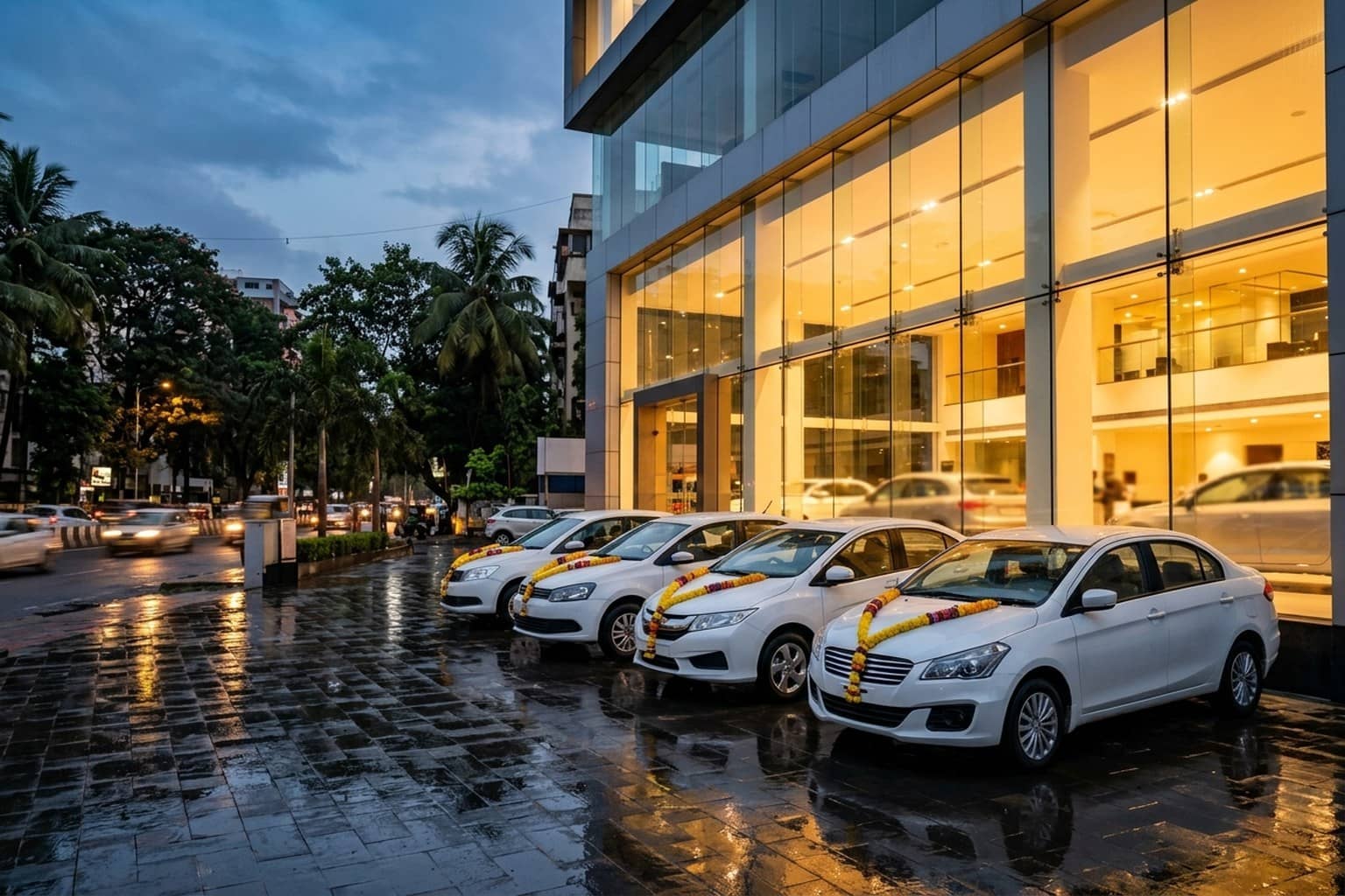 Four white cars with marigold garlands on their bonnets parked outside a glass-fronted showroom lit up at dusk on a wet street