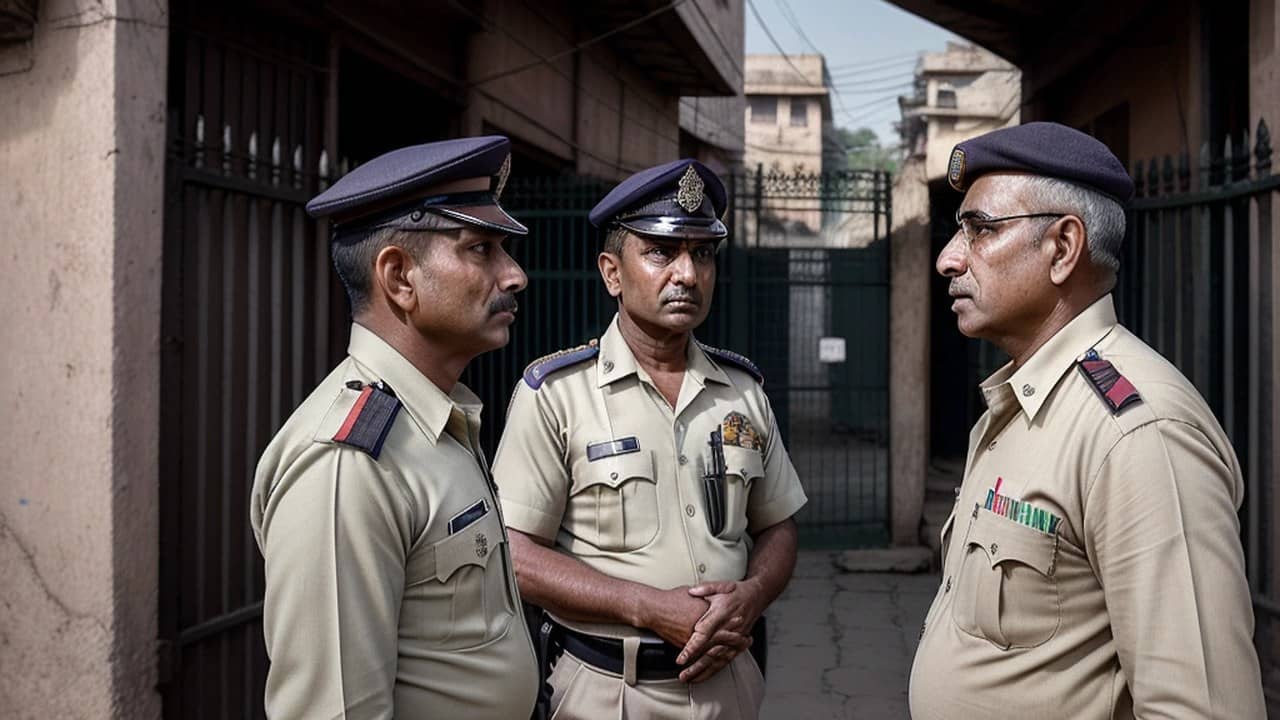 A khaki-uniformed police officer speaking with a civilian outside a police station gate on an Indian city street while another officer watches