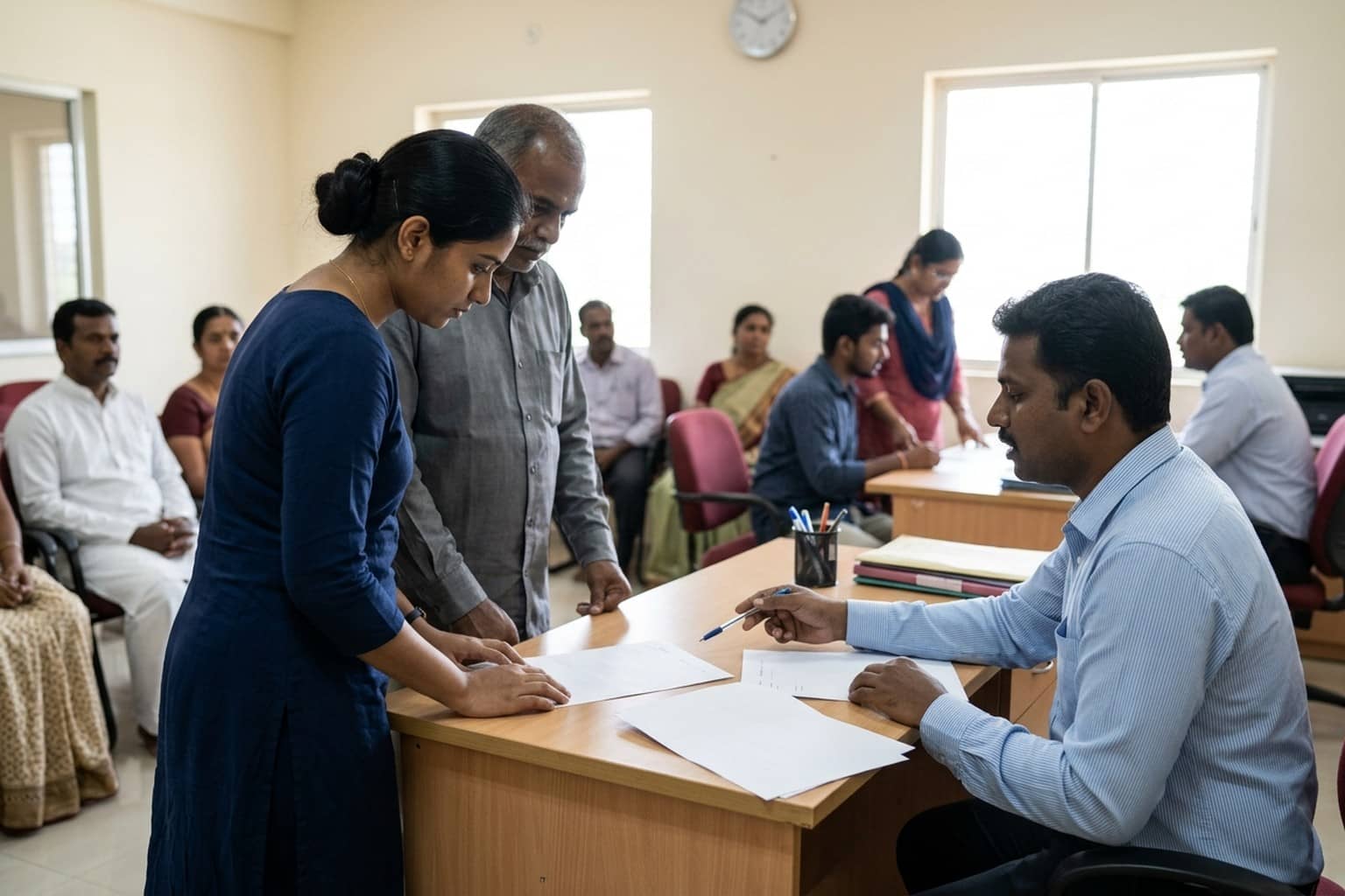 Pharmacy counselling desk in a Tamil Nadu college office with young applicants and parents reviewing unmarked forms
