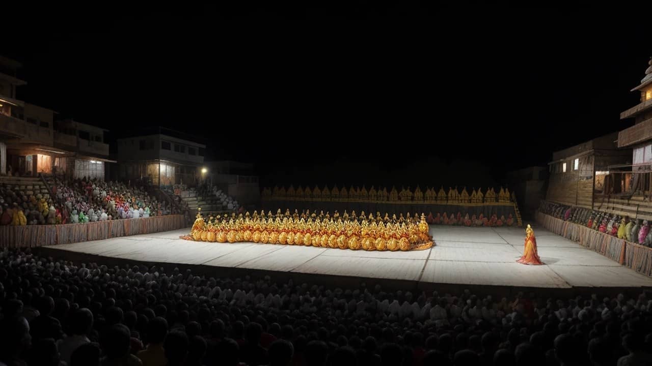 Illustrative image of a neighbourhood Ramlila stage with traditional costumes and audience in an Indian lane