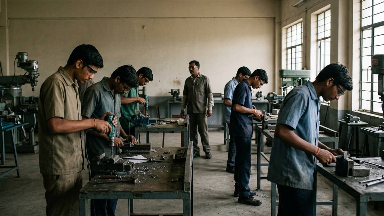 भारतीय ITI वर्कशॉप में हेलमेट और काम के कपड़े पहने युवा प्रशिक्षु धातु के वर्कबेंच पर औजार चलाते हुए, पीछे मशीनें और प्रशिक्षक दूर खड़े, दिन की रोशनी, कोई लिखावट नहीं
