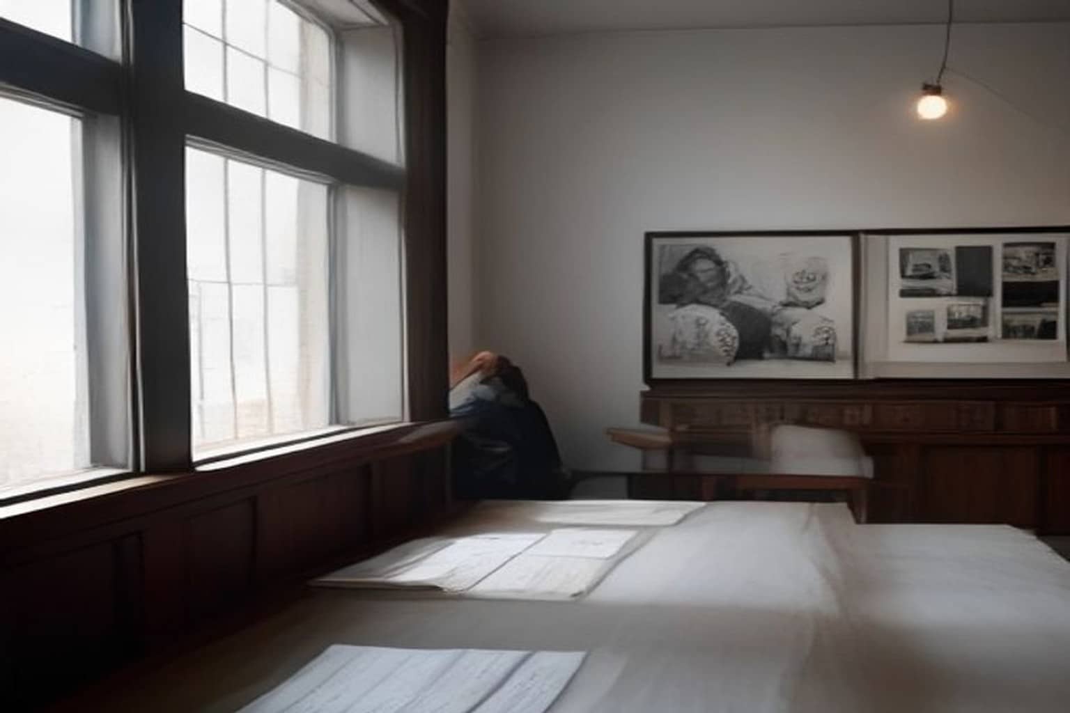 A bright gallery room with a long white table holding scattered papers, dark wood window frames on the left, two framed black-and-white artworks on the far wall, and a blurry figure near the window.