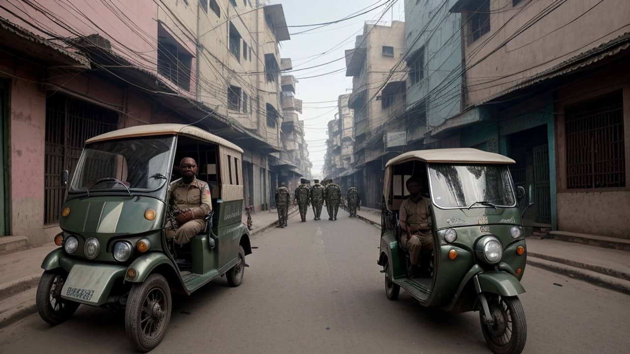 Illustrative image of an electric auto-rickshaw parked beside an Indian urban lane with police officers nearby