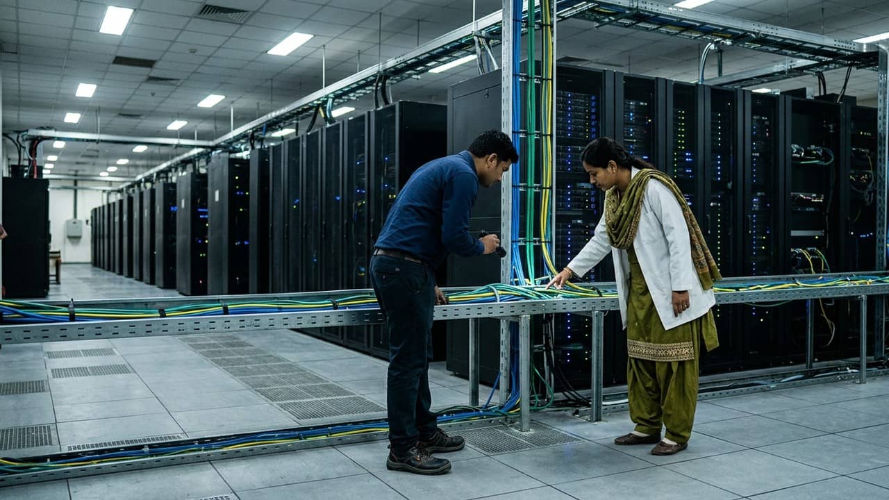 सुपरकंप्यूटिंग सेंटर में नीली और हरी बत्तियों वाले काले सर्वर रैक की लंबी कतारें, आगे केबल ट्रे की जांच करते नीली कमीज वाले एक इंजीनियर और सफेद लैब कोट व सलवार कमीज पहनी एक शोधकर्ता