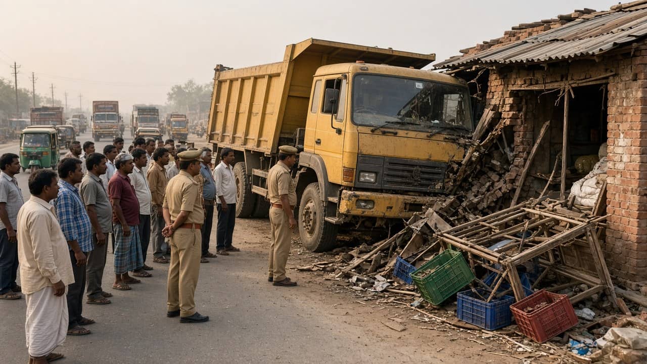 A yellow dumper truck stands against a collapsed roadside shop with broken crates on the road as villagers and policemen look on