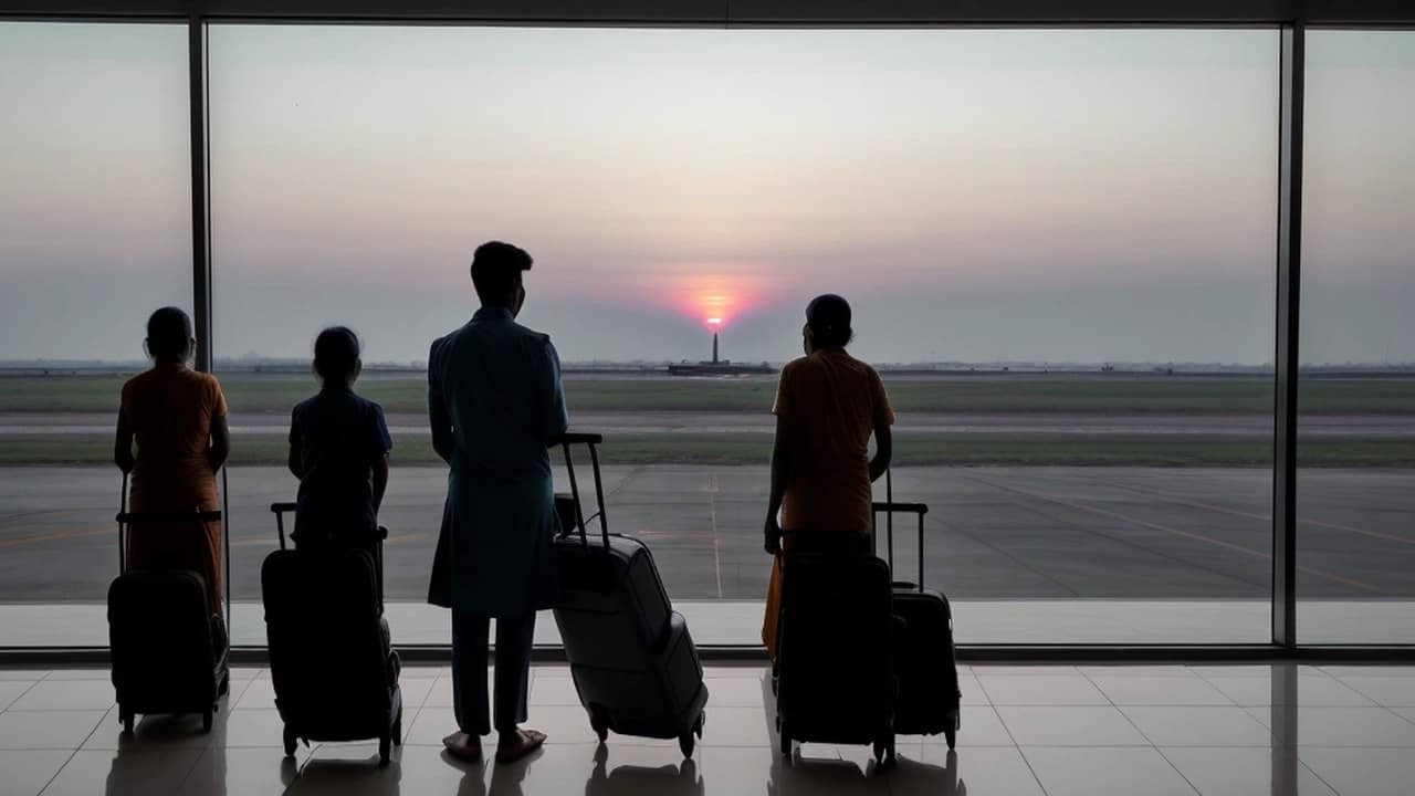 Travellers with trolley bags stand at an airport terminal window looking out at the runway at sunrise