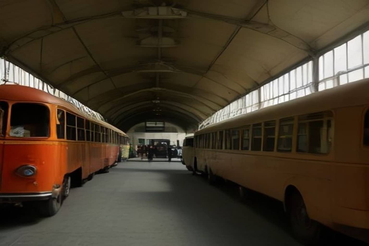 A long covered hall with an orange vintage bus on the left, a cream-coloured old bus on the right, a grey walkway between them and a few visitors far in the distance.