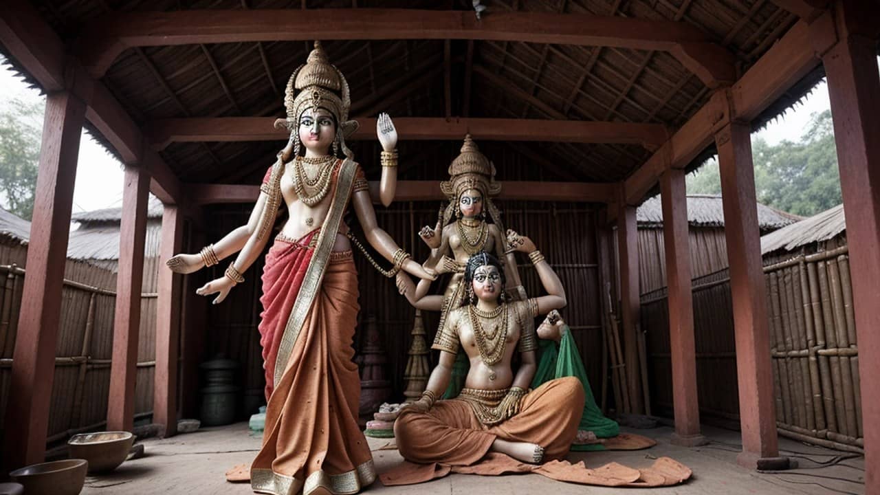 Clay idols of Goddess Durga in a red sari and other deities stand inside a wooden pandal workshop