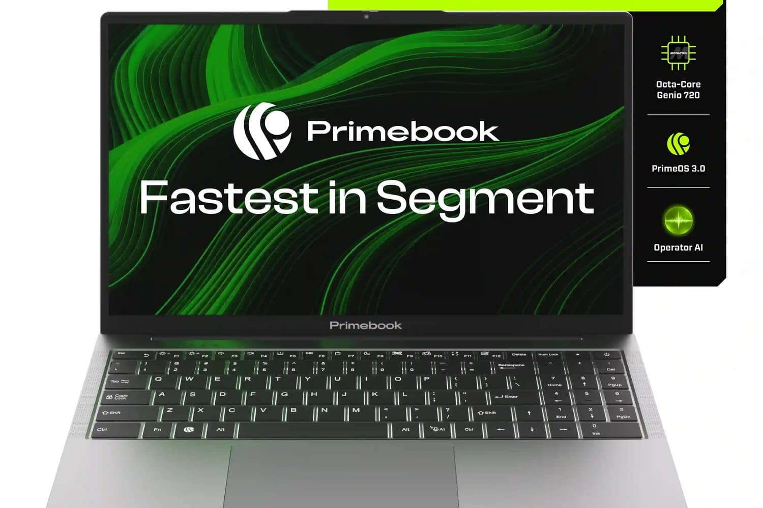 Silver Primebook laptop open on a desk showing the keyboard and display in official product photography