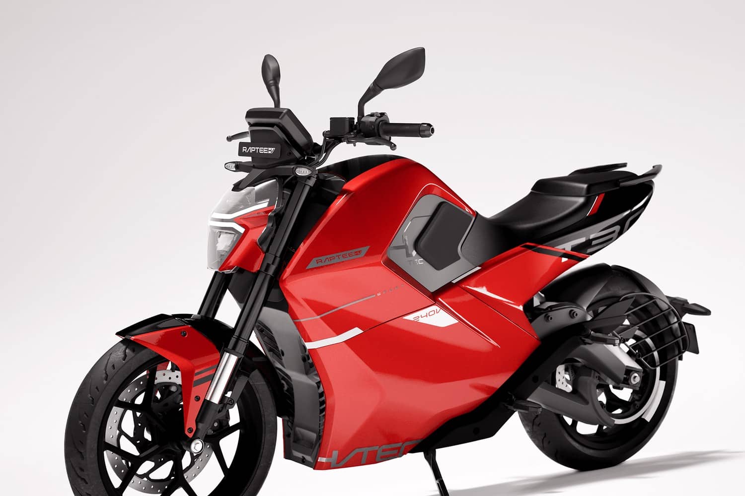 Red Raptee.HV T30 electric motorcycle in a studio product photograph