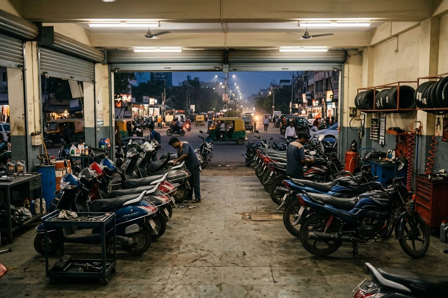Mechanics at work among rows of motorcycles in an Indian two-wheeler service workshop at dusk