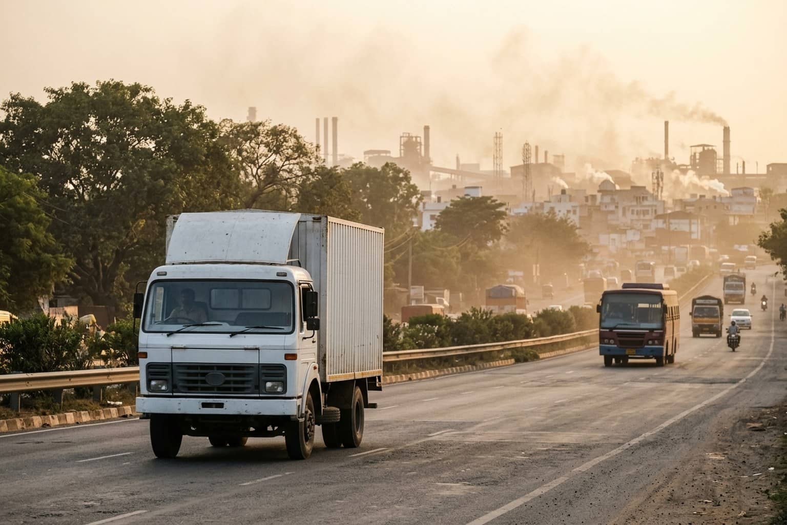 White cargo truck and a passenger bus on an Indian highway near an industrial town at golden hour