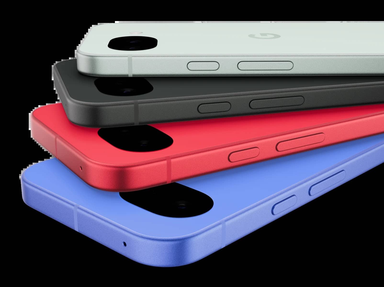 Four Google Pixel 10a phones in different colours stacked at an angle against a black background