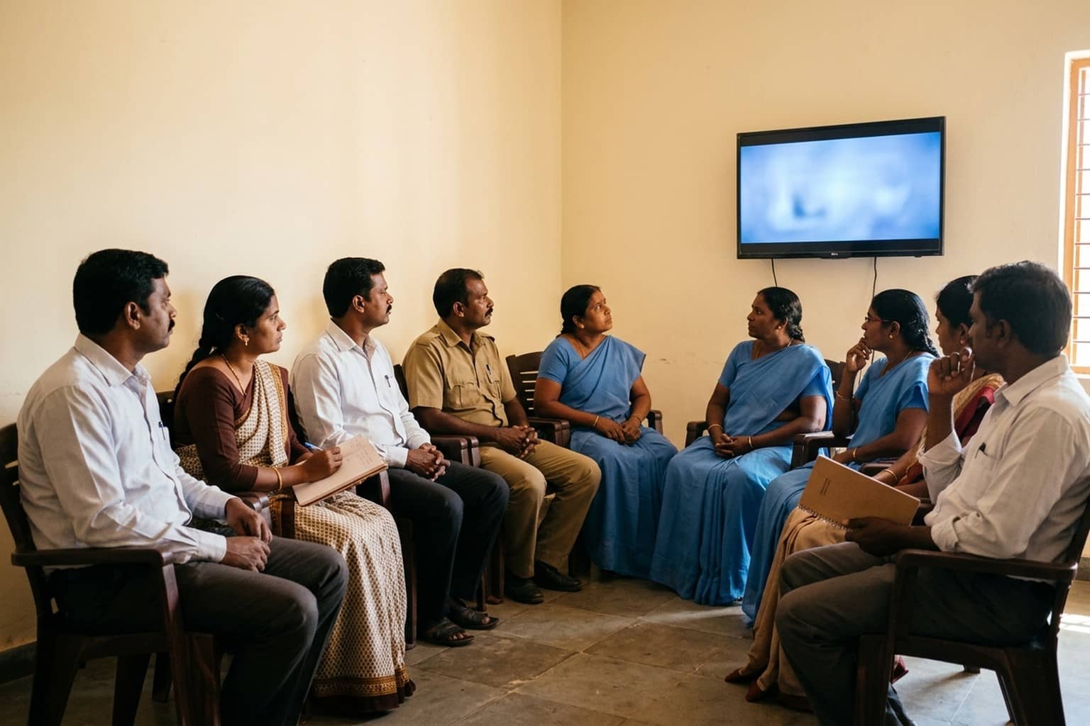 School staff including teachers, a driver and helpers seated in a staff room watching a training video on a wall-mounted television