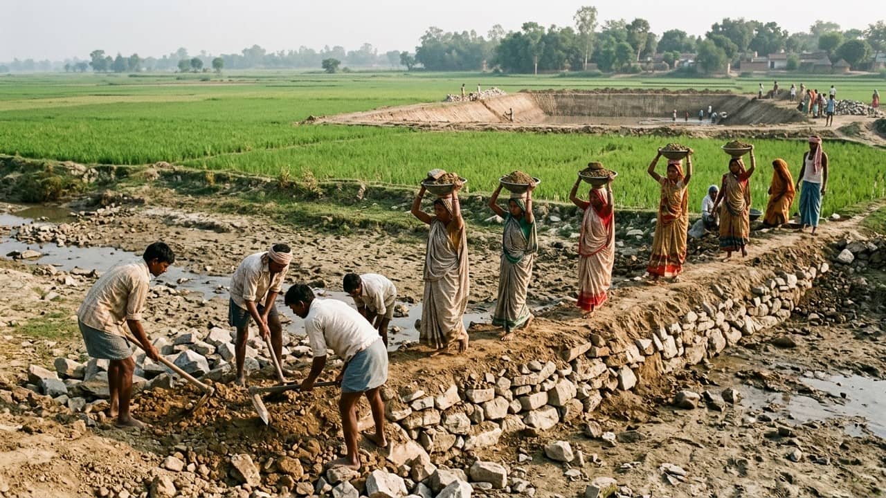 हरे धान के खेतों के बीच सूखी नाली पर पत्थर और मिट्टी का छोटा बांध बनाते ग्रामीण, आगे फावड़े से खुदाई करते पुरुष और सिर पर मिट्टी भरे तसले उठाए साड़ी पहने महिलाएं, पीछे खुदता तालाब