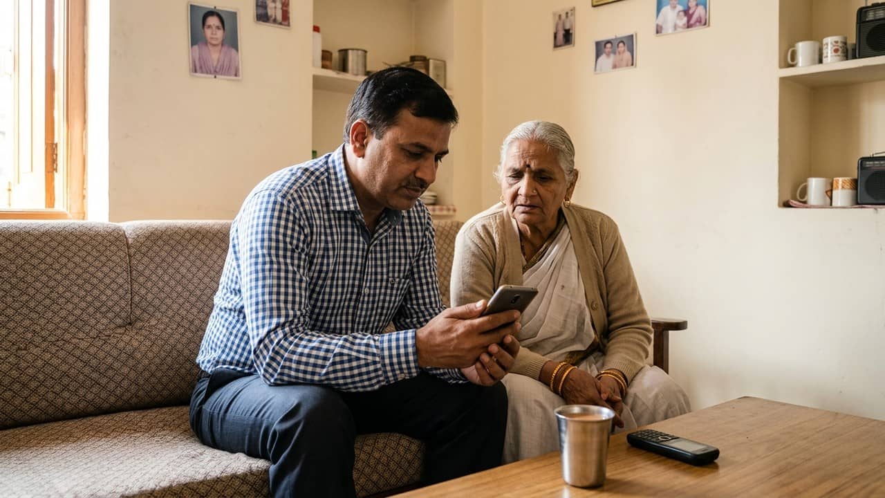 सोफे पर बैठे चेक वाली कमीज पहने एक अधेड़ व्यक्ति स्मार्टफोन देखते हुए, बगल में सफेद साड़ी और स्वेटर पहने बुजुर्ग महिला, सामने मेज पर स्टील का गिलास और कीपैड फोन