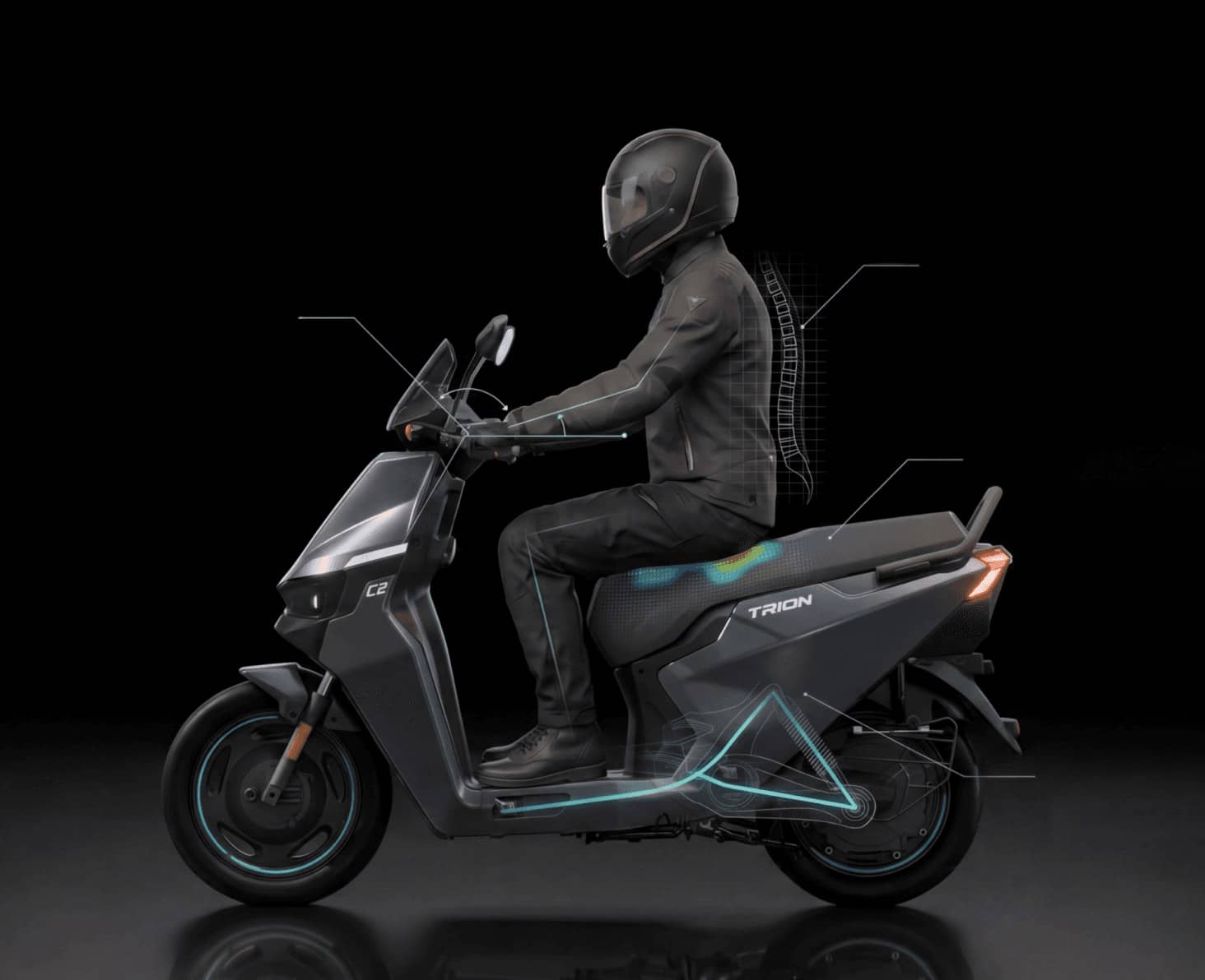 Helmeted rider seated on a grey E3 TRION electric scooter against a black studio background