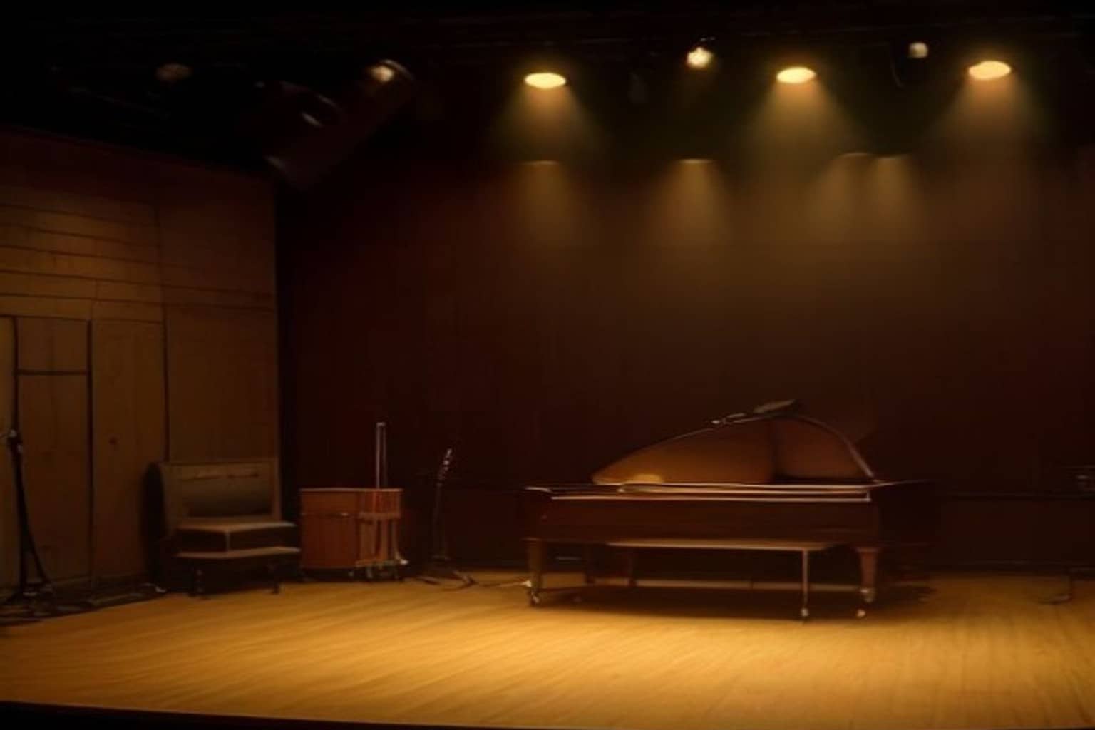 A wooden stage lit by a row of warm ceiling spotlights, with a dark grand piano on the right, an upholstered bench and a small wooden cabinet on the left, and a microphone stand near the left wall.