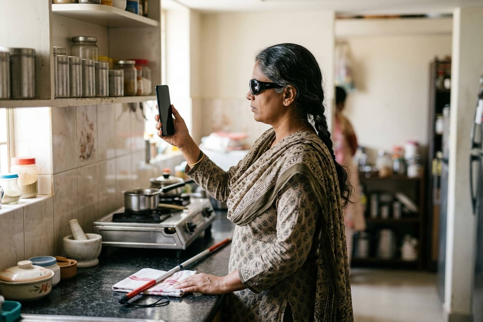 A woman wearing dark glasses and a printed salwar suit holds a phone up towards a shelf of steel jars in a home kitchen, with a folded white cane with a red tip lying on the counter beside the gas st…