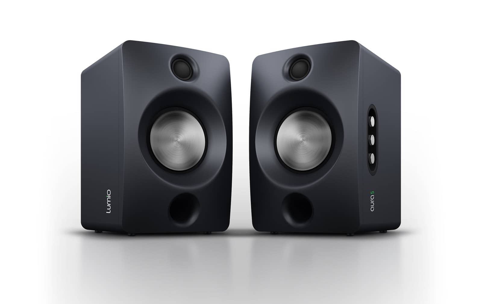 Pair of dark grey Lumio Aura 5 bookshelf speakers with silver woofers on a white background