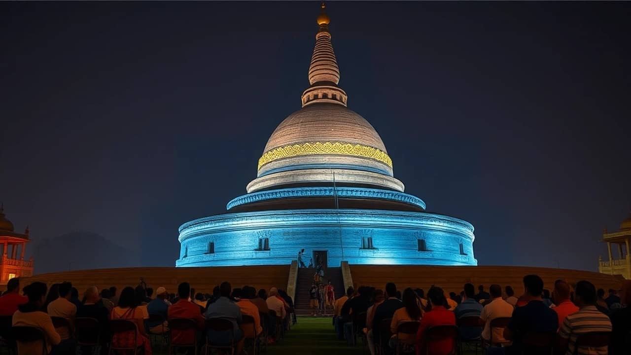 A large stupa lit in blue and gold projected light at night, with rows of seated spectators watching from the lawn in front.