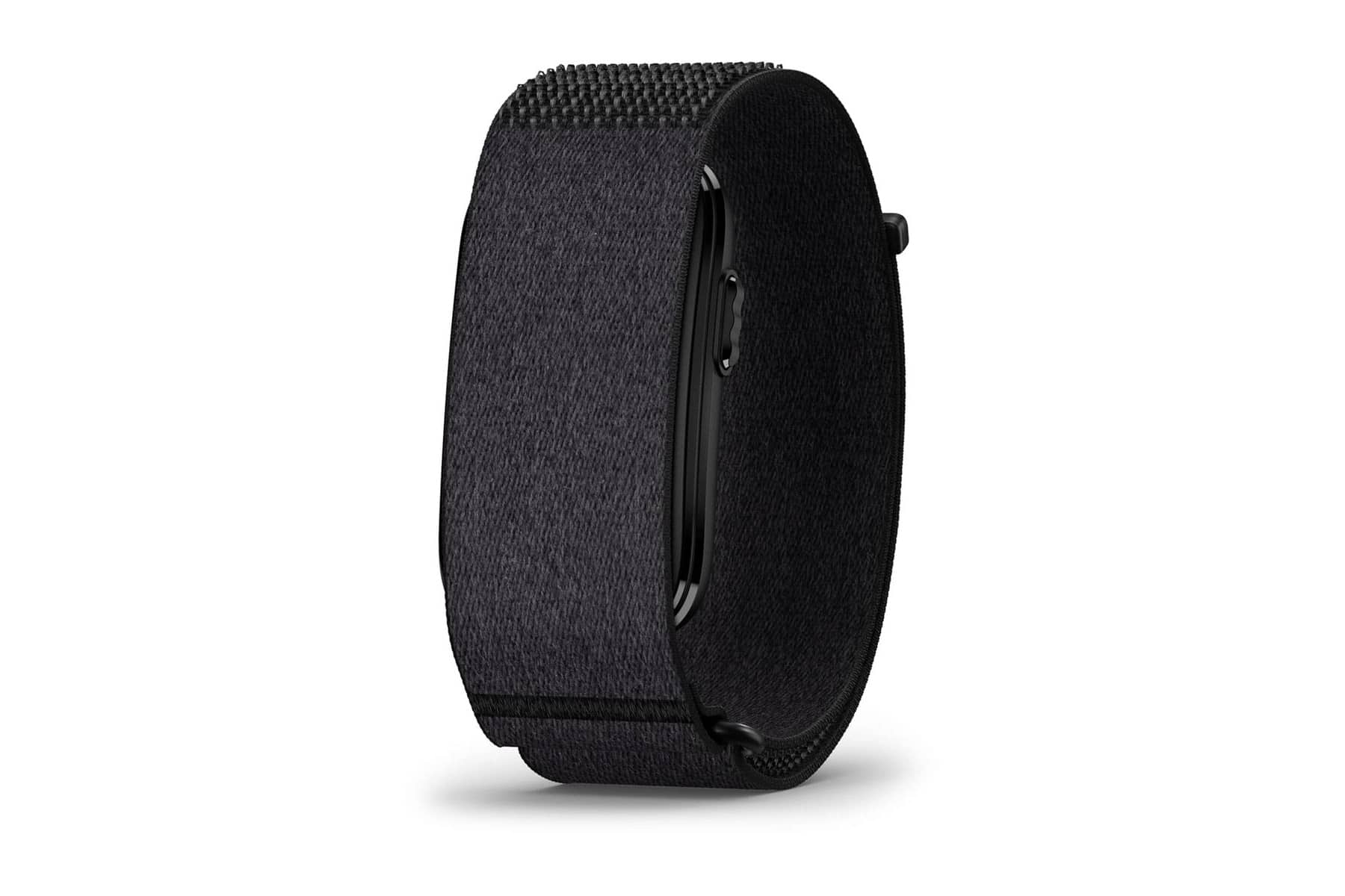 Garmin CIRQA Smart Band in black with a woven fabric strap and black sensor module, shown upright on a white background