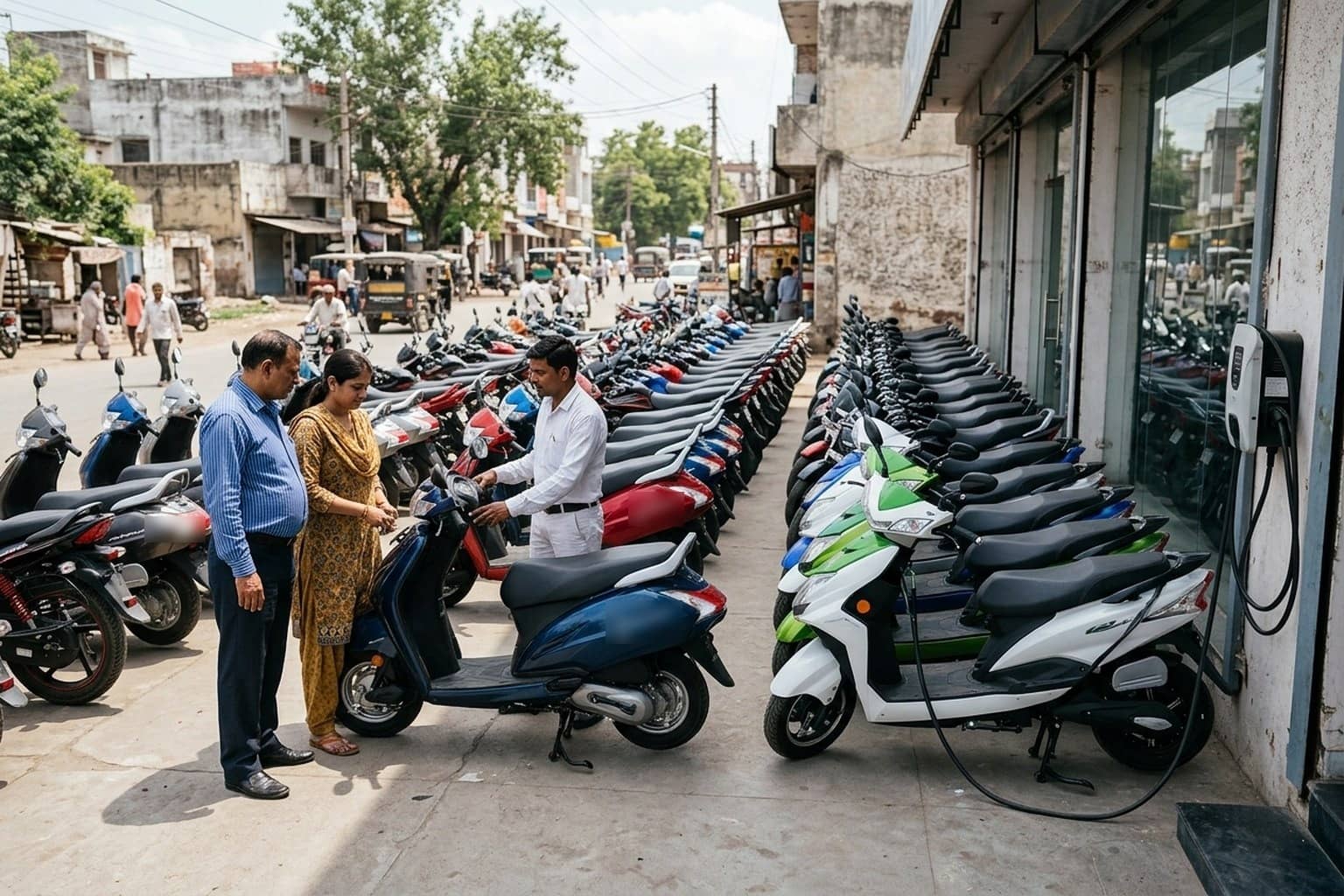 A couple looks at scooters lined up outside a two-wheeler showroom on an Indian street while a salesman explains, with electric scooters charging