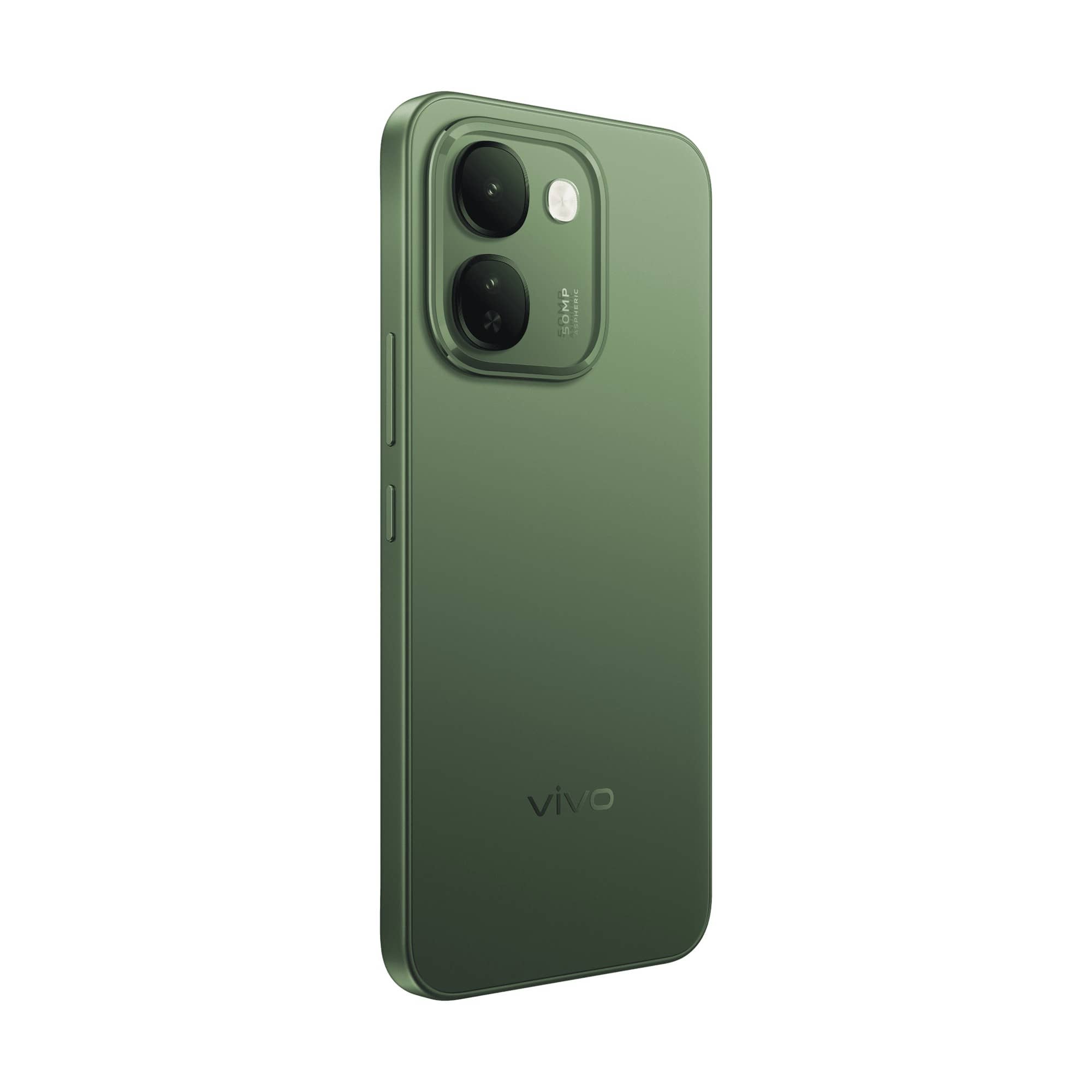 Back of the green vivo S2 FE standing at an angle, showing its raised dual camera module, on a white background