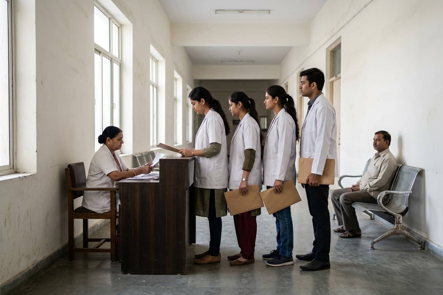 Young dentists in white coats queue with folders at a document counter in a college corridor while a man waits on a bench