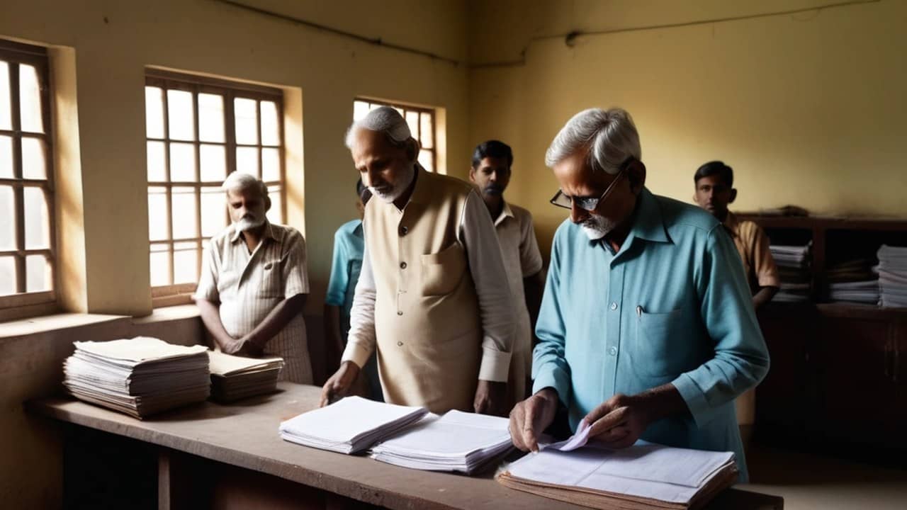 Older men in kurtas go through papers and ledgers at a long wooden table in an office with tall windows.