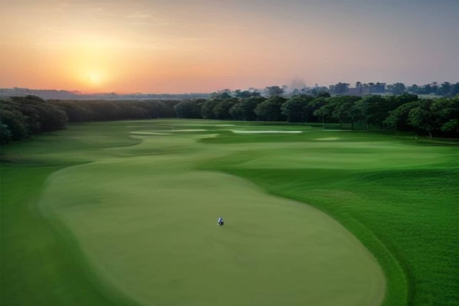 A wide green golf fairway curving towards a line of dense trees under an orange sunset sky, with a single small figure standing on the grass in the middle distance and low haze on the horizon.