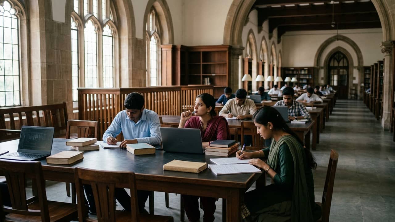 मेहराबदार खिड़कियों वाले पुराने पुस्तकालय में लकड़ी की मेजों पर किताबें और लैपटॉप रखकर नोटबुक में लिखते छात्र और छात्राएं, आगे दुपट्टा ओढ़े लिखती छात्रा, पीछे कतारों में पढ़ते युवा