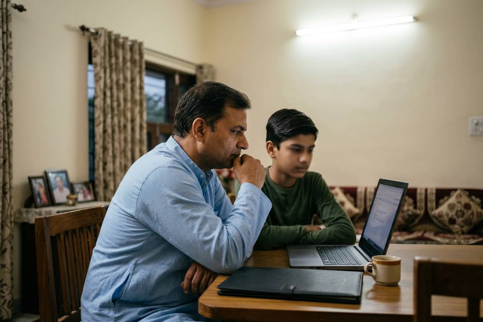 A father and his teenage son sit at a table at home looking at a laptop together