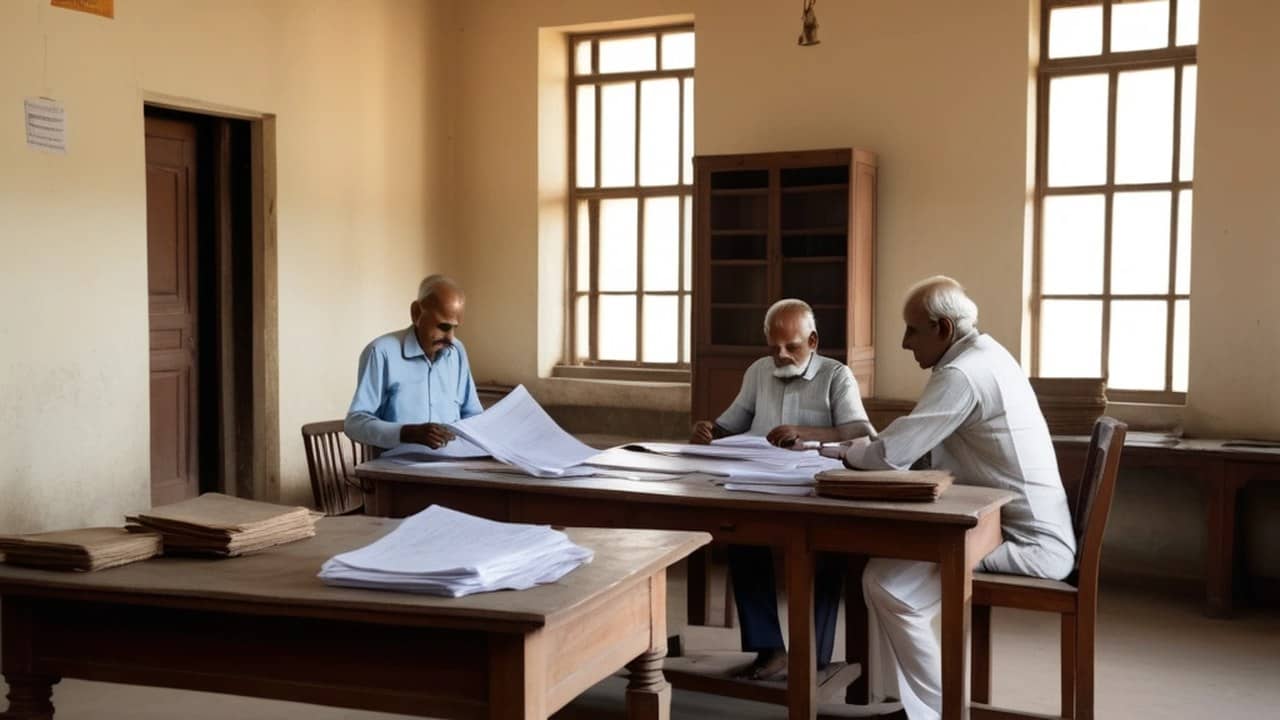 Officials sit at desks with files and papers in an old government office room with green windows.