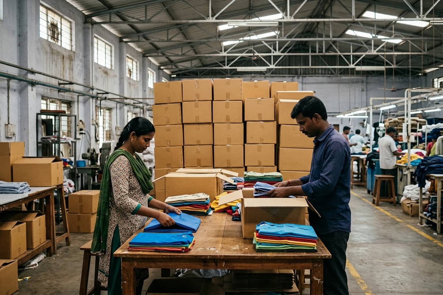 Indian factory workers, a woman in a green dupatta and a man in a blue shirt, folding coloured T-shirts into plain cardboard cartons for export