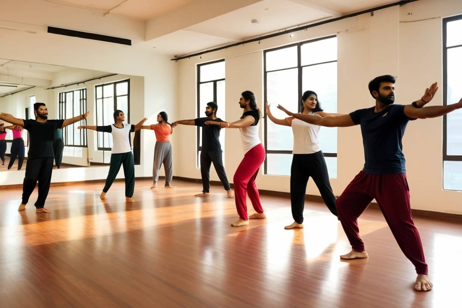 A bright studio with a polished wooden floor, tall windows and a wall-length mirror, where about eight young men and women in t-shirts and loose track pants stand barefoot in loose rows with their ar…