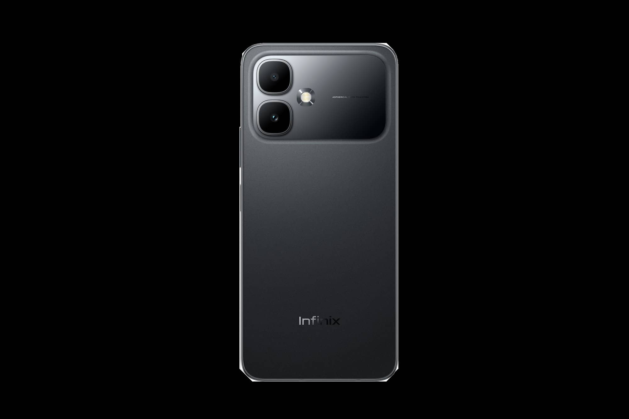 Back of a black Infinix SMART 20 HD phone with its dual camera module, on a black background