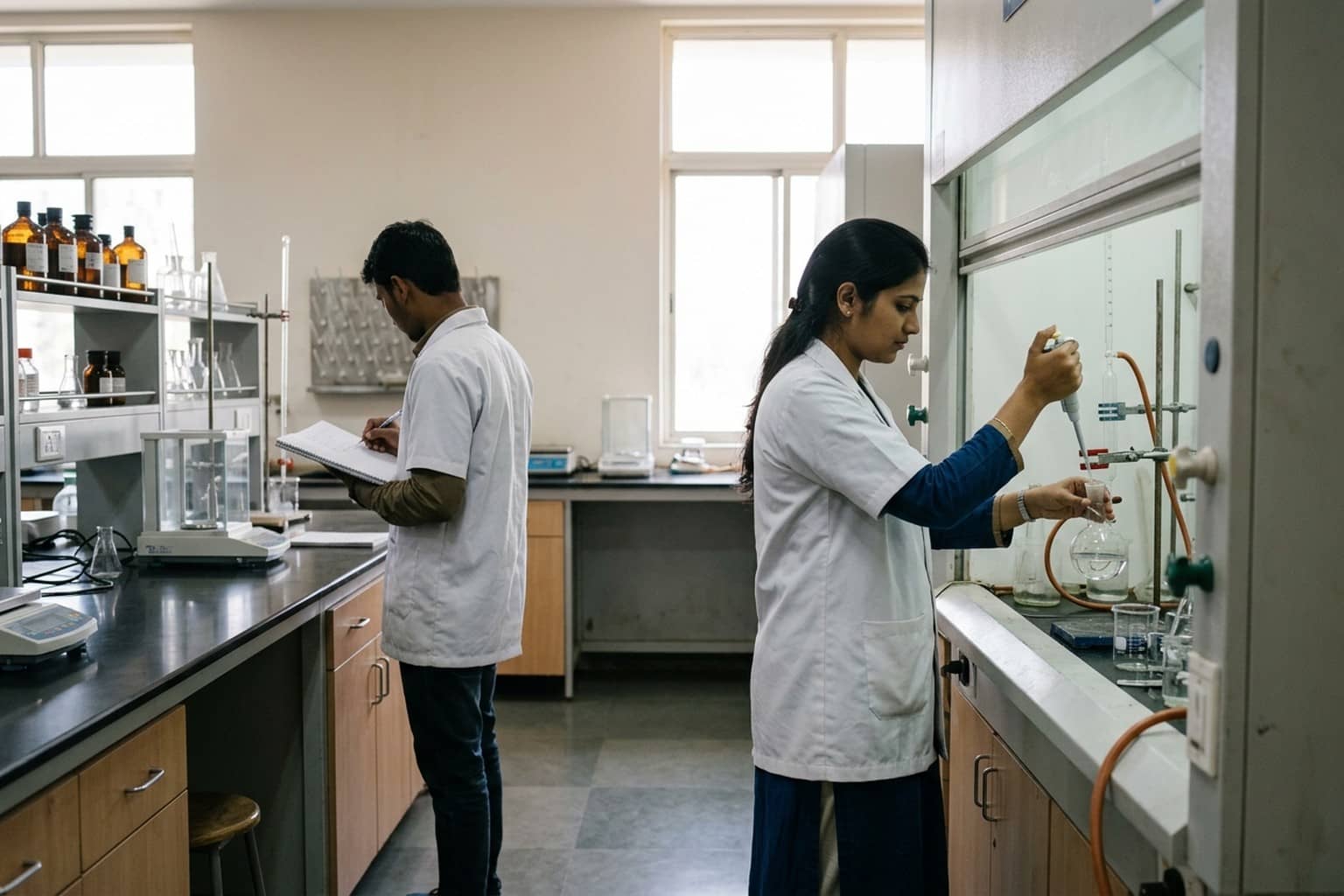 A young woman in a lab coat works at a fume hood with glass flasks while a young man checks a notebook at a bench behind her