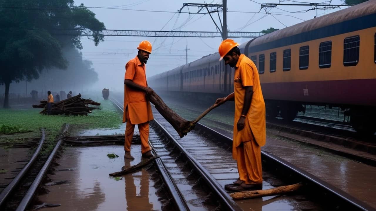 Two railway workers in orange uniforms and orange hard hats lift a fallen tree branch off wet railway tracks beside a passenger train, under overhead electric wires on a misty, rainy evening.