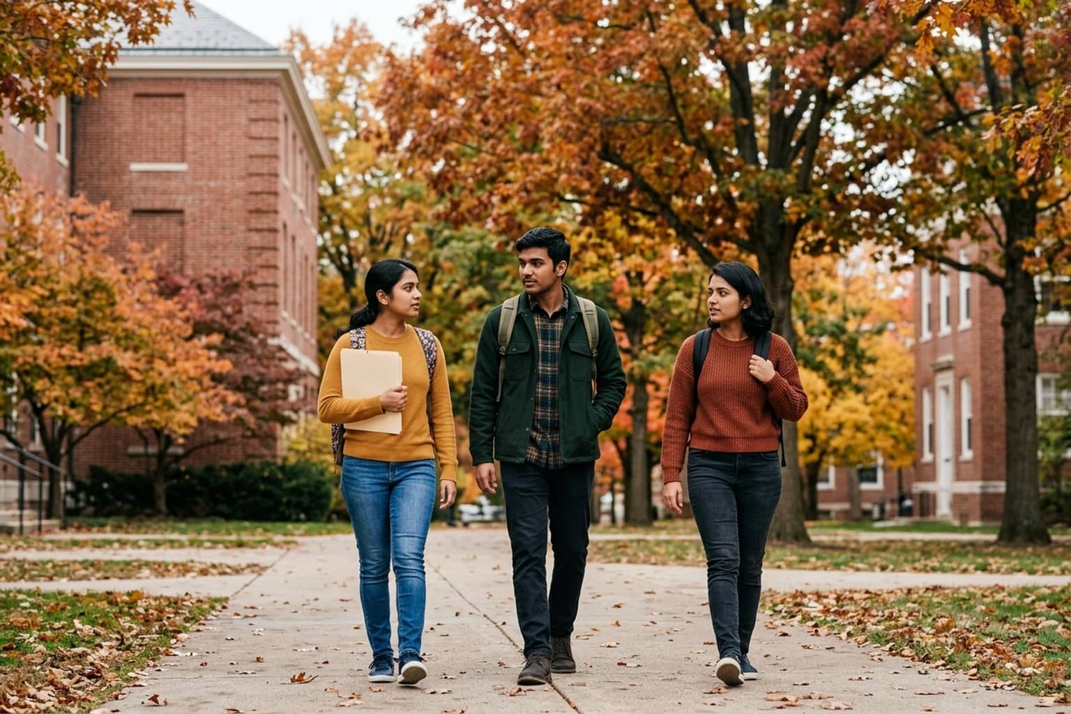 Three Indian graduate students, two young women in sweaters and a young man in a green jacket, walk with backpacks along a leaf-covered path between red-brick university buildings in autumn