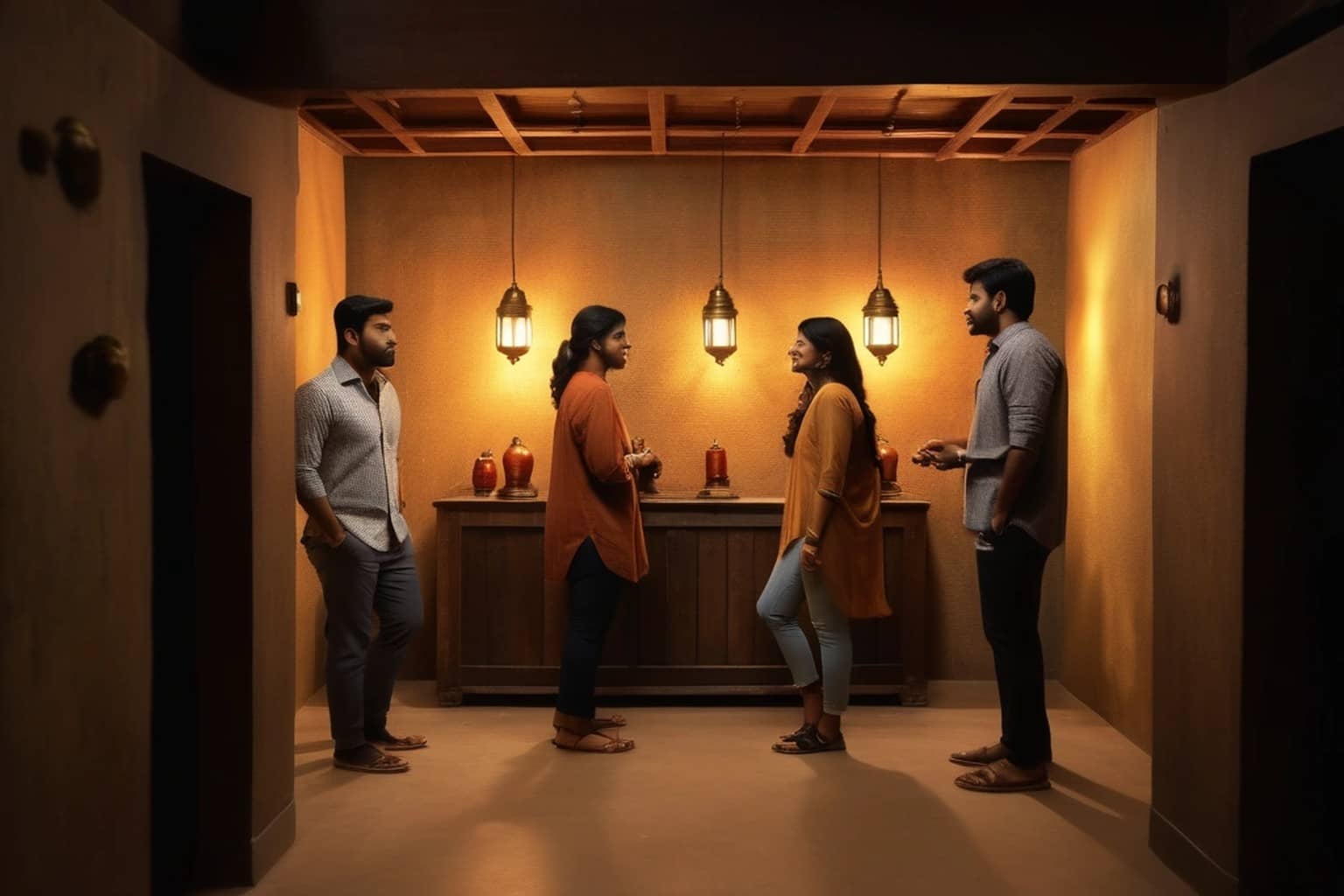 Two young men and two young women in casual clothes standing and talking in a small room with warm orange walls, a wooden beamed ceiling, three hanging brass lanterns, a long wooden cabinet holding r…