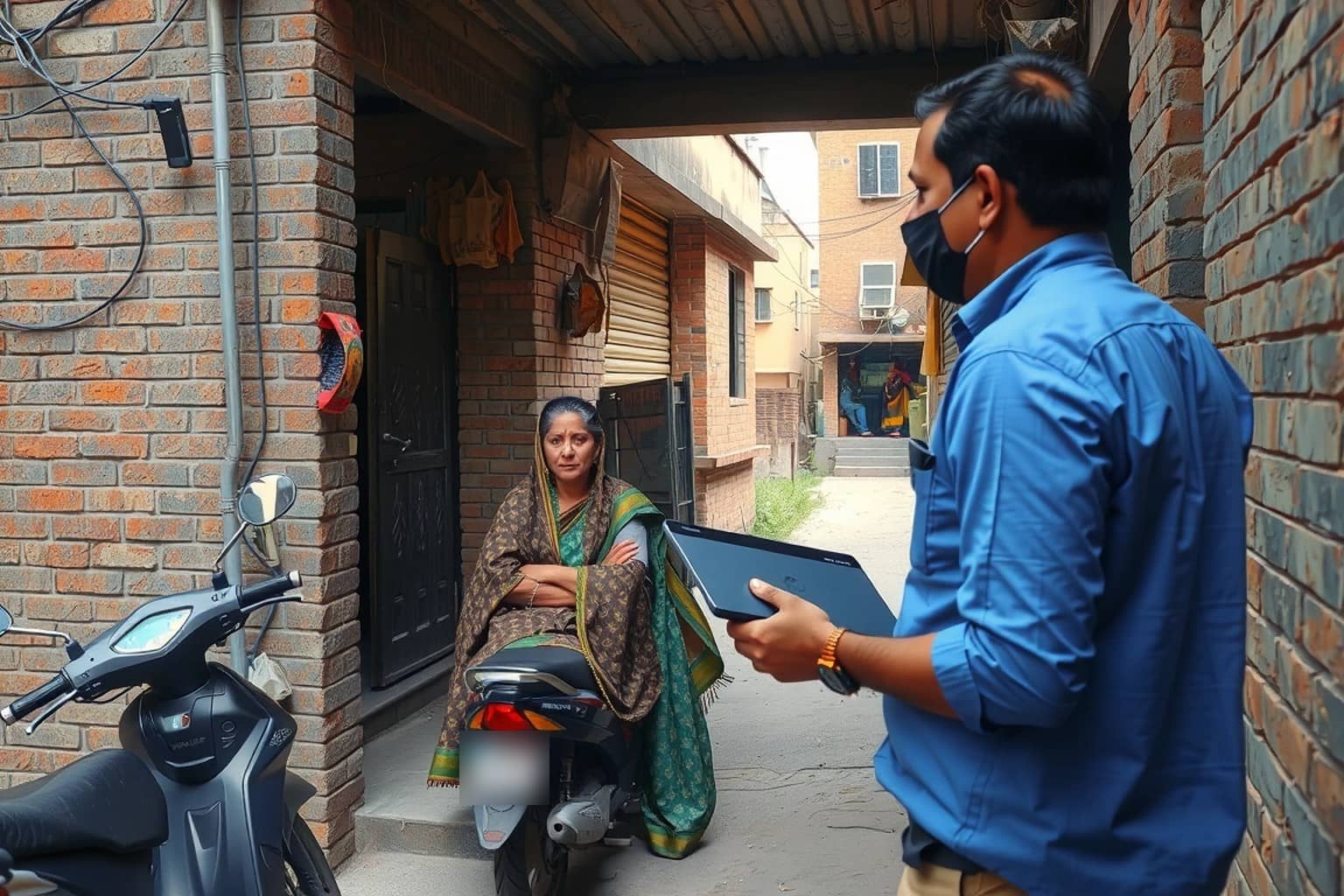 A man in a blue shirt and face mask holds a tablet as he talks to a woman in a green sari and shawl seated on a parked scooter outside a brick house in a narrow lane, with another scooter in the fore…