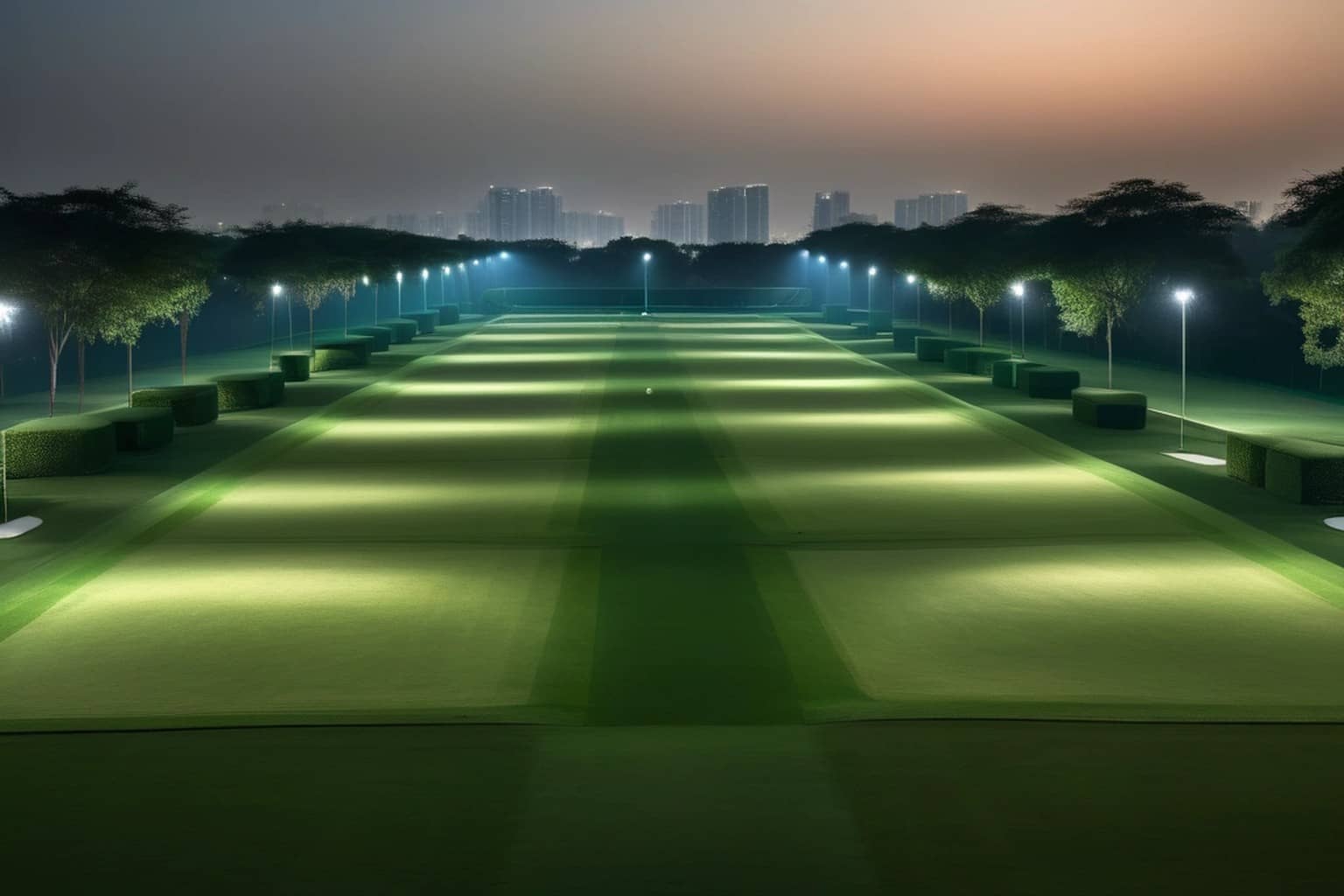 A wide, empty practice range of striped green turf lit by rows of white floodlights at dusk, lines of low trimmed hedges and trees along both sides, and a hazy skyline of tall residential towers unde…