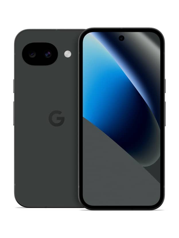 Black Google Pixel 10a phone shown from the back with a flat camera bar and from the front with a blue wallpaper