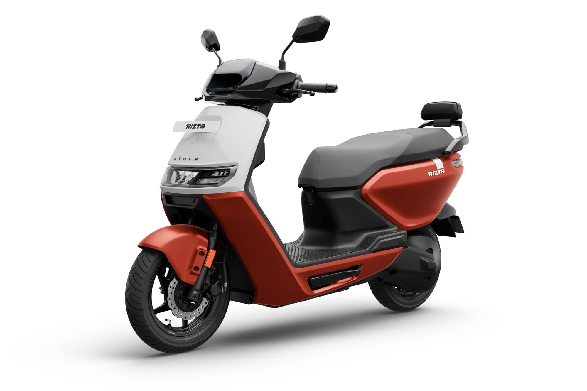 Ather Rizta electric scooter in red and white dual-tone finish, front three-quarter view on a plain grey background