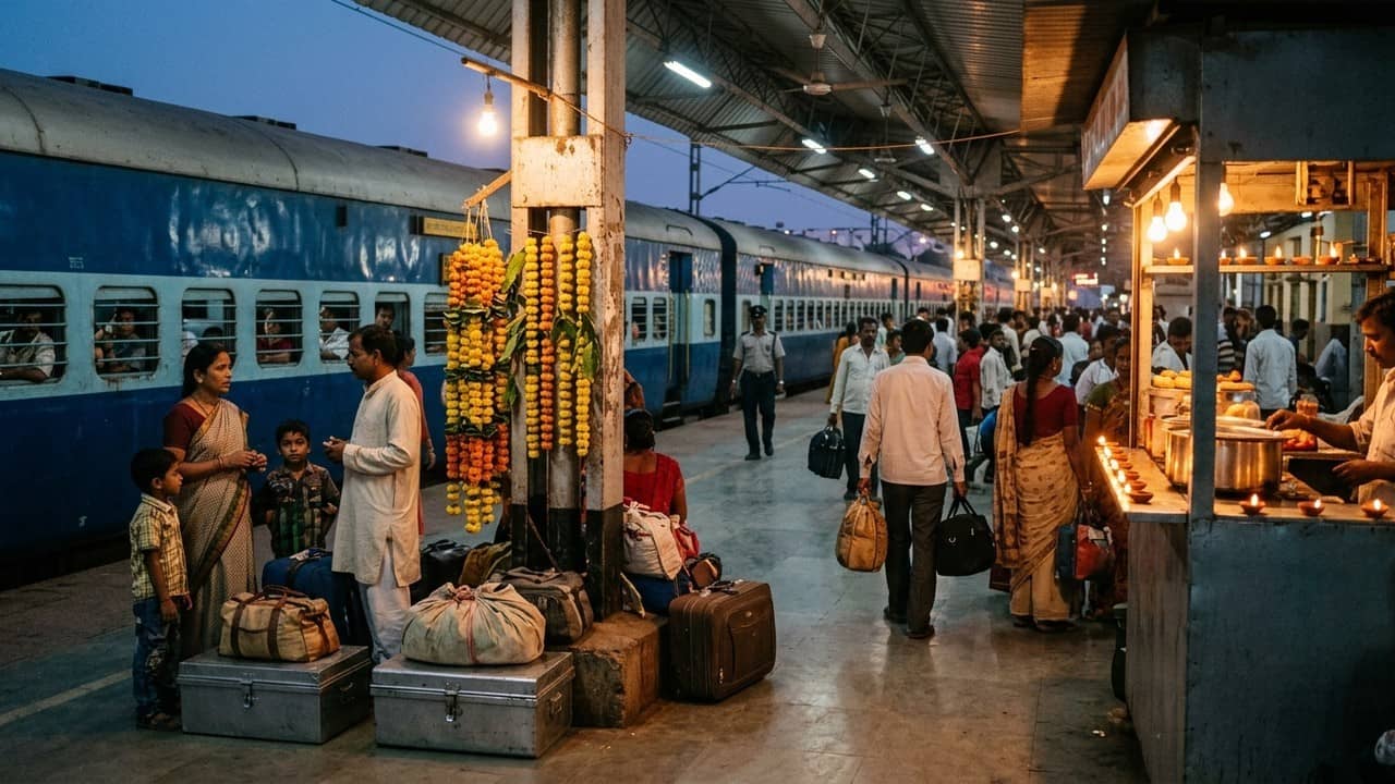 त्योहार से पहले शाम के समय रेलवे प्लेटफॉर्म पर नीले डिब्बों वाली यात्री गाड़ी के पास सूटकेस और थैले लिए इंतजार करते परिवार, खंभे पर गेंदे की मालाएं और पास के स्टॉल पर जलते दीये