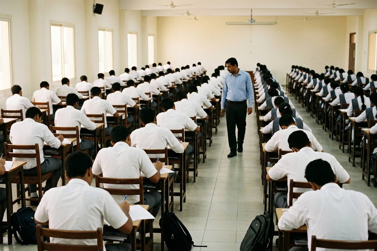 Students in white shirts write answer sheets at rows of single desks in a large hall as an invigilator walks between the rows